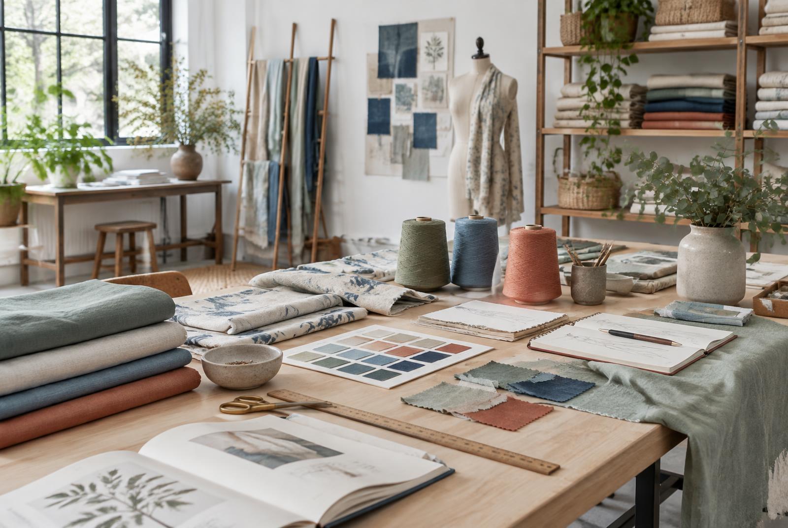 Organized textile design studio with fabric swatches, yarn and material samples