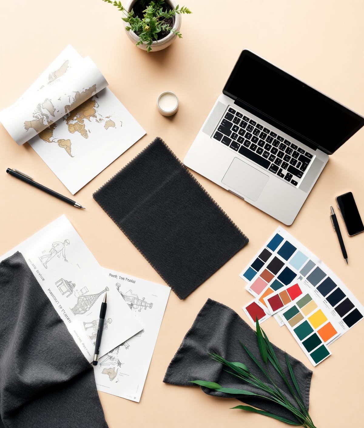 Global design workspace with textile swatches, sketches and color cards
